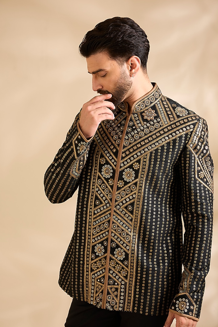 Black Silk Embroidered Groom Bandhgala Set by JJ Valaya Men at Pernia's Pop Up Shop