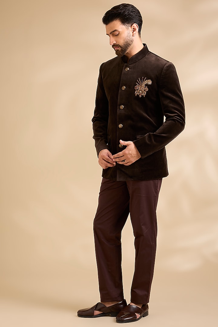 Brown Velvet Embroidered Groom Bandhgala Set by JJ Valaya Men at Pernia's Pop Up Shop