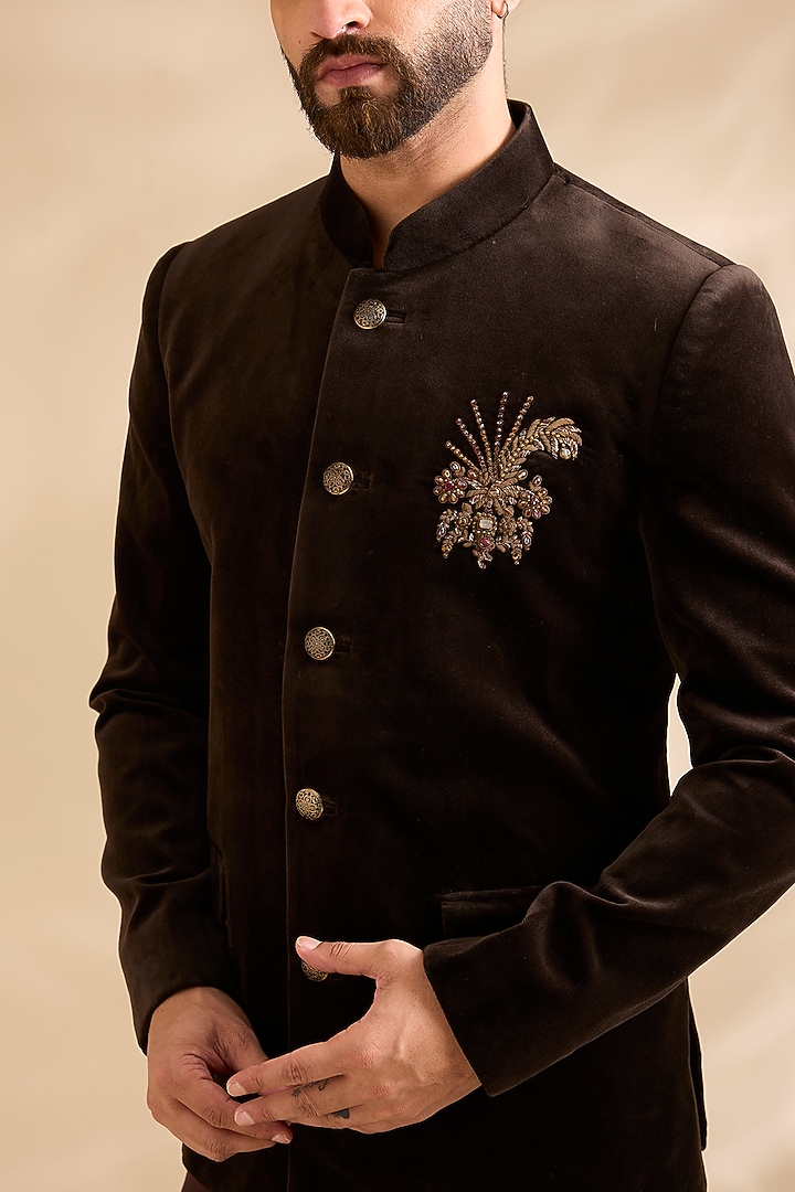 Brown Velvet Embroidered Groom Bandhgala Set by JJ Valaya Men at Pernia's Pop Up Shop