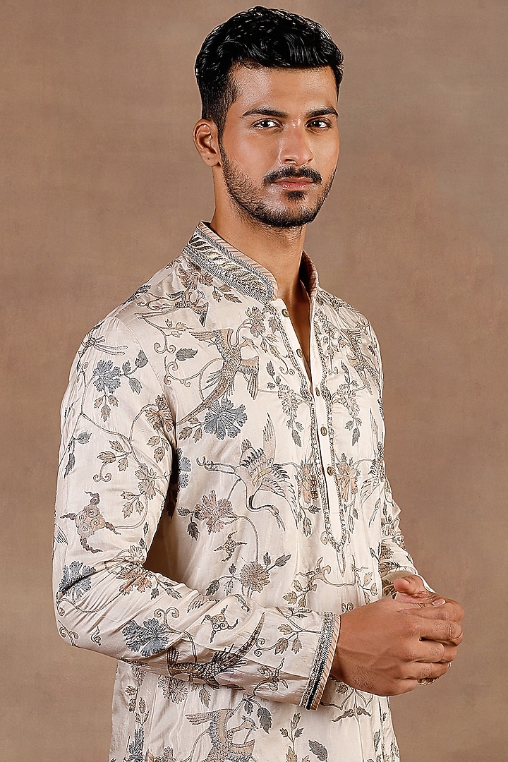 Pearl Ivory Silk Printed & Embroidered Kurta Set by JJ Valaya Men at Pernia's Pop Up Shop