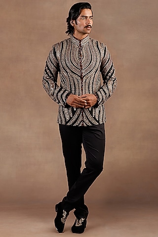 Black Silk Crystal Embroidered Bandhgala Set by JJ Valaya Men