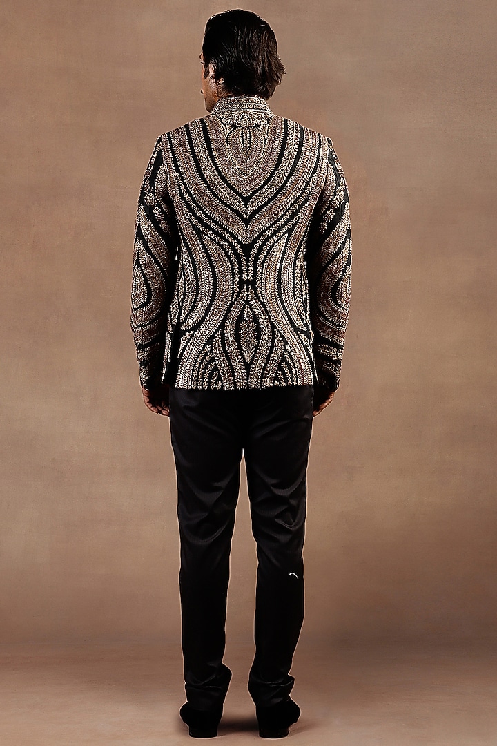 Black Silk Crystal Embroidered Groom Bandhgala Set by JJ Valaya Men at Pernia's Pop Up Shop