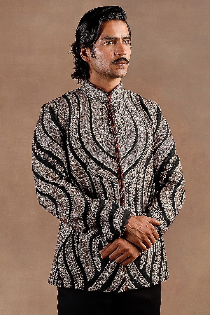 Black Silk Crystal Embroidered Groom Bandhgala Set by JJ Valaya Men at Pernia's Pop Up Shop