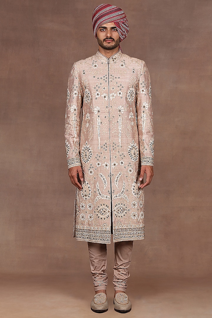 Blush Pink Silk Sequins Embroidered Groom Sherwani Set by JJ Valaya Men at Pernia's Pop Up Shop