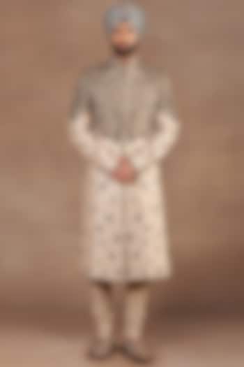 Beige Silk Dabka Embroidered Groom Sherwani Set by JJ Valaya Men at Pernia's Pop Up Shop