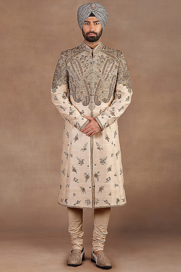 Beige Silk Dabka Embroidered Groom Sherwani Set by JJ Valaya Men at Pernia's Pop Up Shop