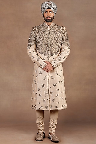 Beige Silk Dabka Embroidered Sherwani Set by JJ Valaya Men