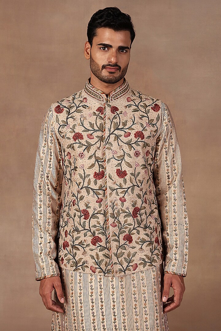 Soft Pink Silk Resham Embroidered Nehru Jacket Set by JJ Valaya Men at Pernia's Pop Up Shop