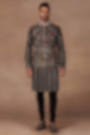 Black Silk Resham Embroidered Nehru Jacket Set by JJ Valaya Men at Pernia's Pop Up Shop