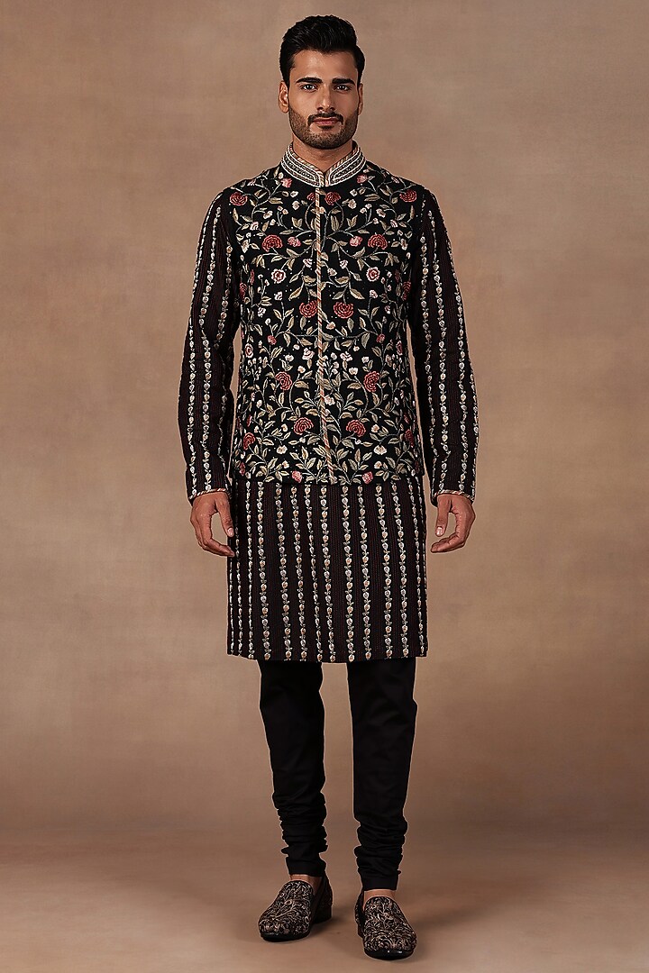 Black Silk Resham Embroidered Nehru Jacket Set by JJ Valaya Men at Pernia's Pop Up Shop