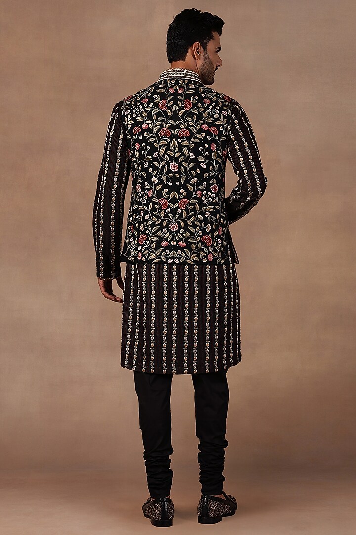 Black Silk Resham Embroidered Nehru Jacket Set by JJ Valaya Men at Pernia's Pop Up Shop