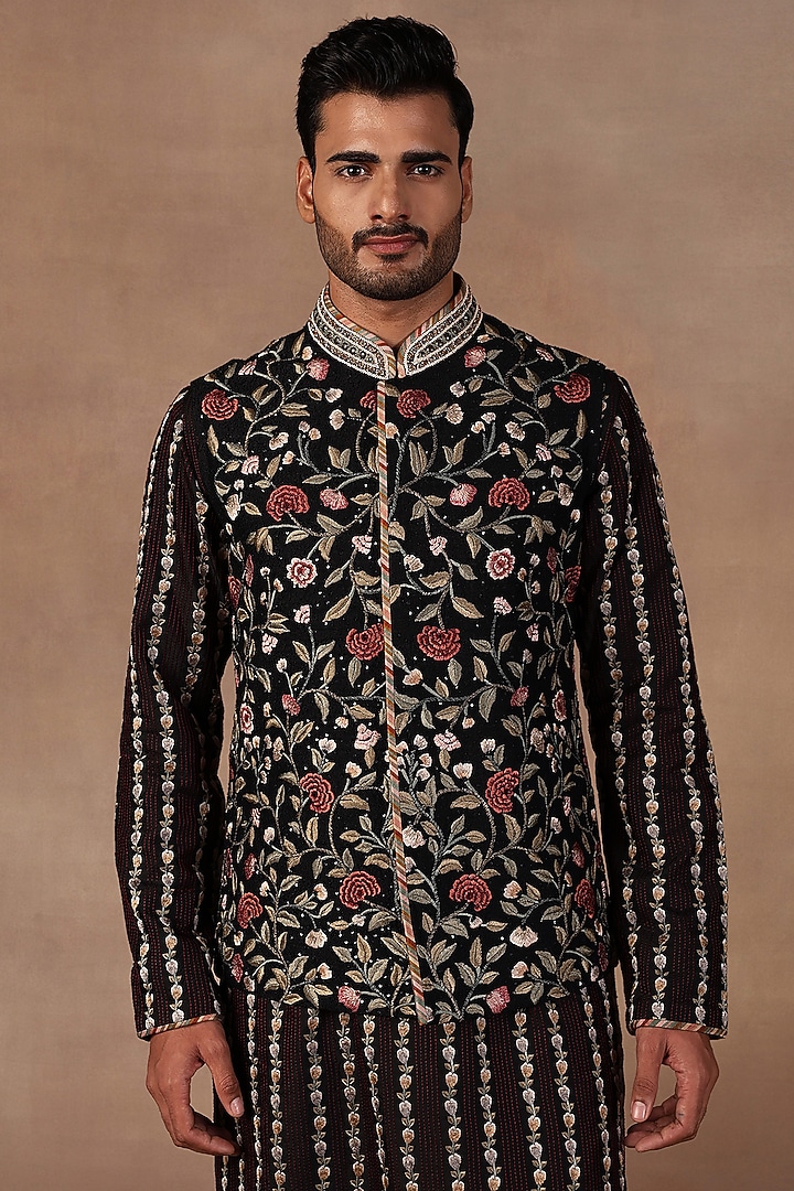 Black Silk Resham Embroidered Nehru Jacket Set by JJ Valaya Men at Pernia's Pop Up Shop
