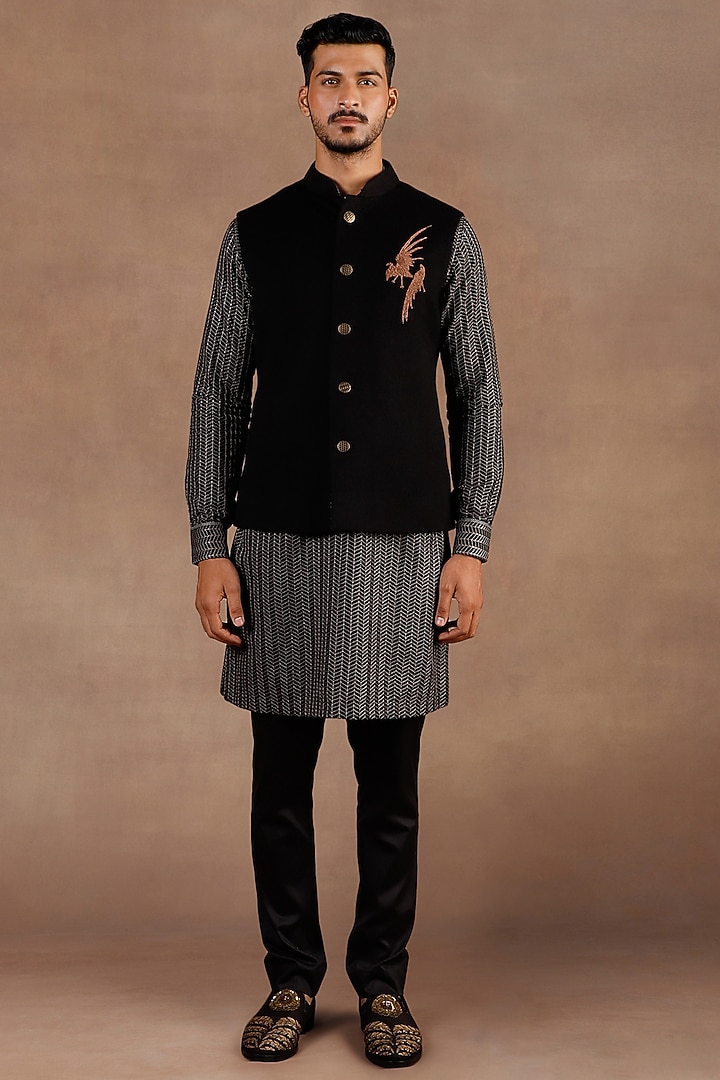 Black Cashmere Dabka Work Nehru Jacket Set by JJ Valaya Men at Pernia's Pop Up Shop