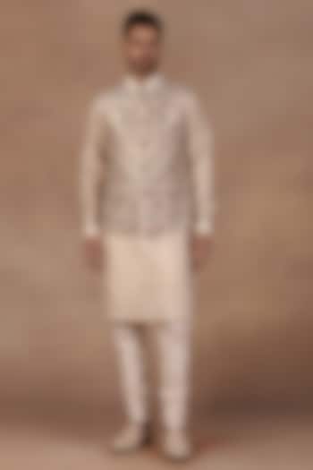Pearl Ivory Silk Printed & Resham Embroidered Nehru Jacket Set by JJ Valaya Men at Pernia's Pop Up Shop