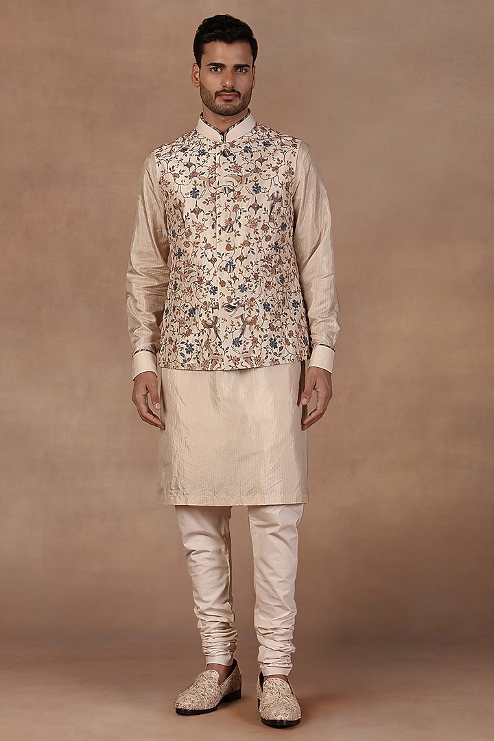 Pearl Ivory Silk Printed & Resham Embroidered Nehru Jacket Set by JJ Valaya Men at Pernia's Pop Up Shop