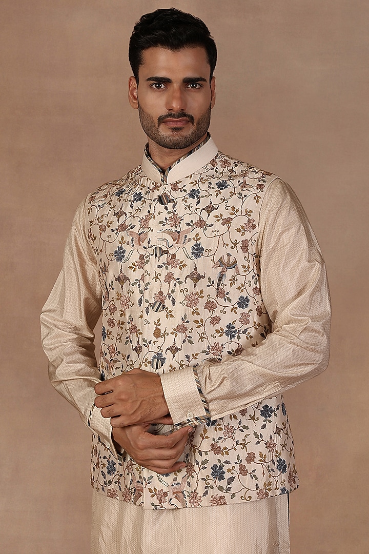 Pearl Ivory Silk Printed & Resham Embroidered Nehru Jacket Set by JJ Valaya Men at Pernia's Pop Up Shop