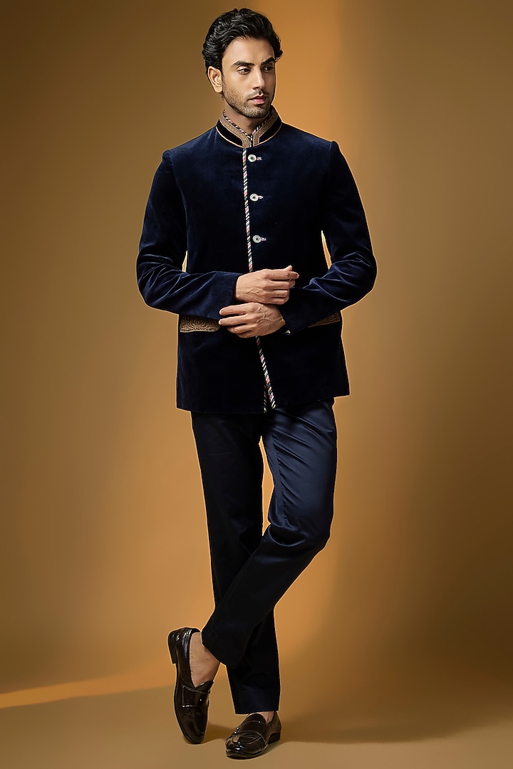 Blue Silk Groom Bandhgala Set by JJ Valaya Men at Pernia's Pop Up Shop