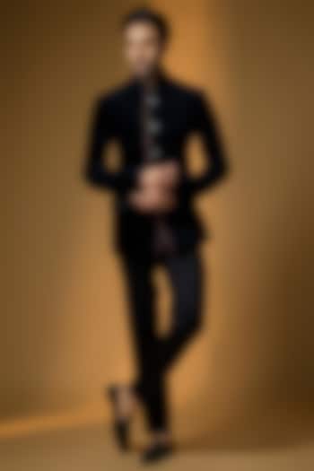 Black Silk Groom Bandhgala Set by JJ Valaya Men at Pernia's Pop Up Shop