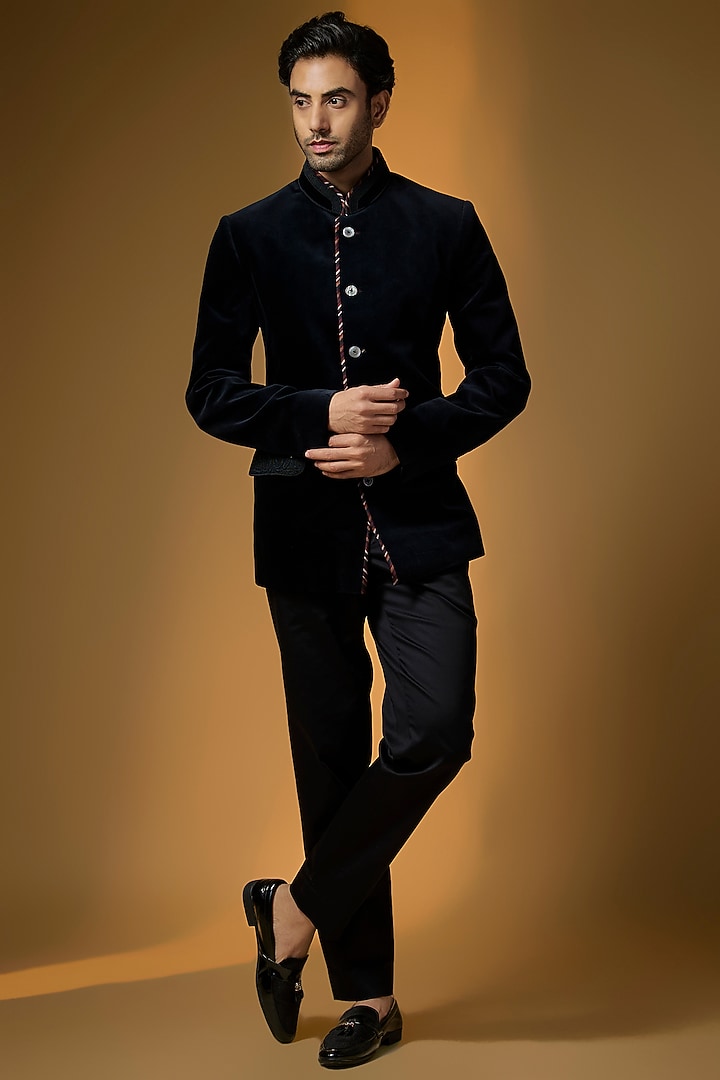 Black Silk Groom Bandhgala Set by JJ Valaya Men at Pernia's Pop Up Shop