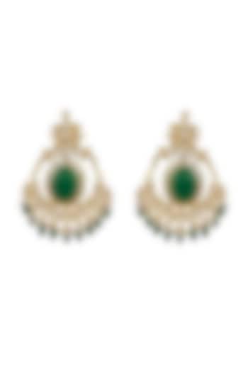 Gold Finish Chandabali Earrings With Green Meenakari by Just Jewellery at Pernia's Pop Up Shop