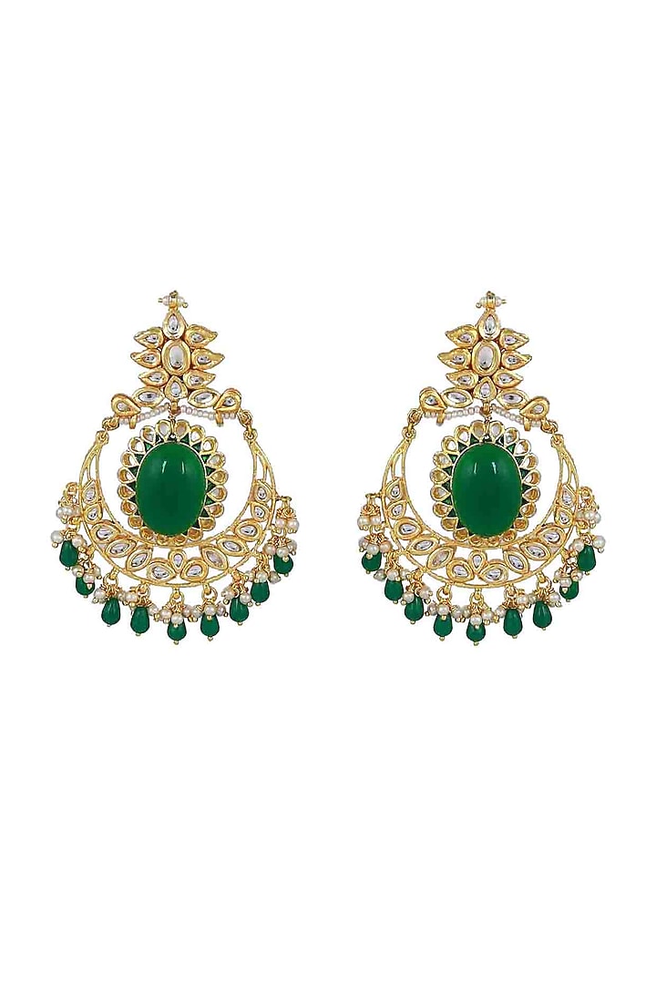 Gold Finish Chandabali Earrings With Green Meenakari by Just Jewellery at Pernia's Pop Up Shop