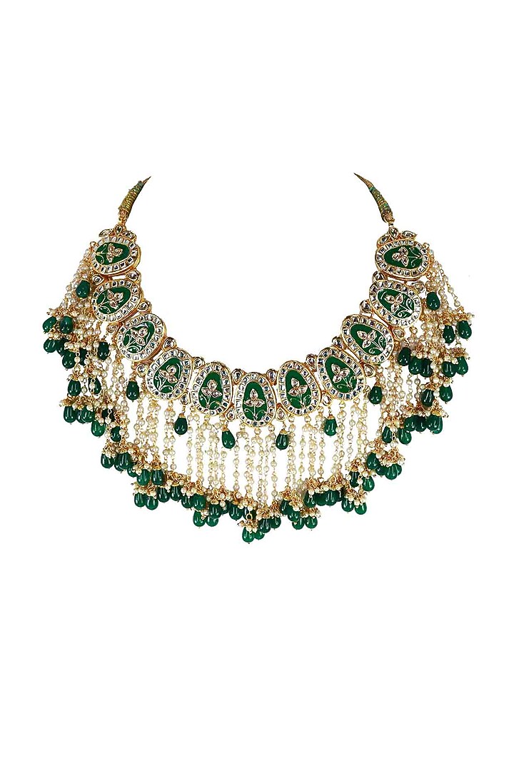 Gold Finish Kundan Polki Meenakari Choker Necklace by Just Jewellery at Pernia's Pop Up Shop
