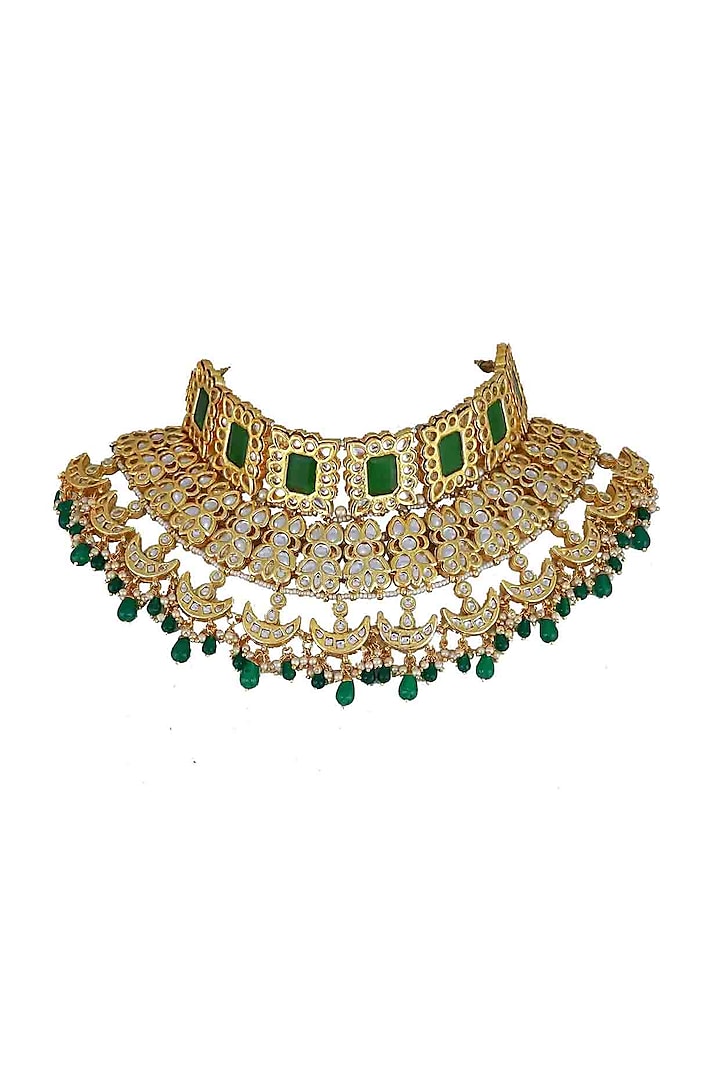 Gold Finish Kundan Polki & Green Jatadar Choker Necklace by Just Jewellery