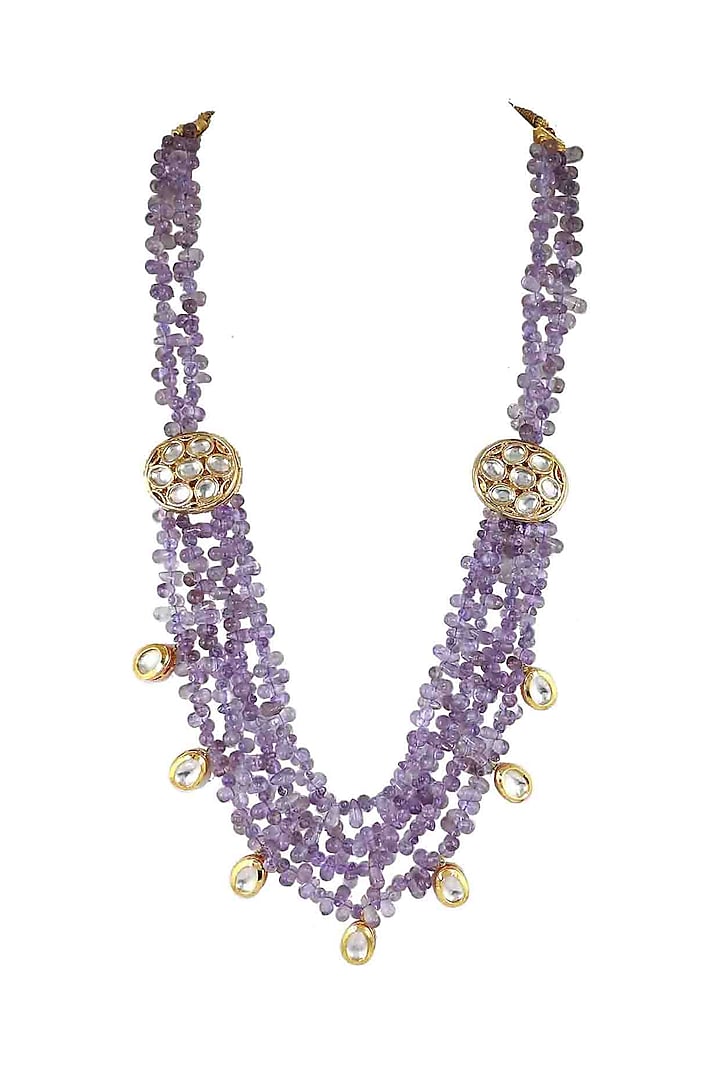 Gold Finish Kundan Polki & Purple Beads Jadtar Necklace by Just Jewellery