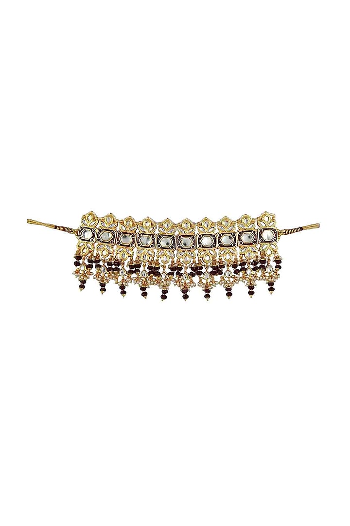 Gold Finish Brown Kundan Polki Meenakari Jadtar Choker Necklace by Just Jewellery