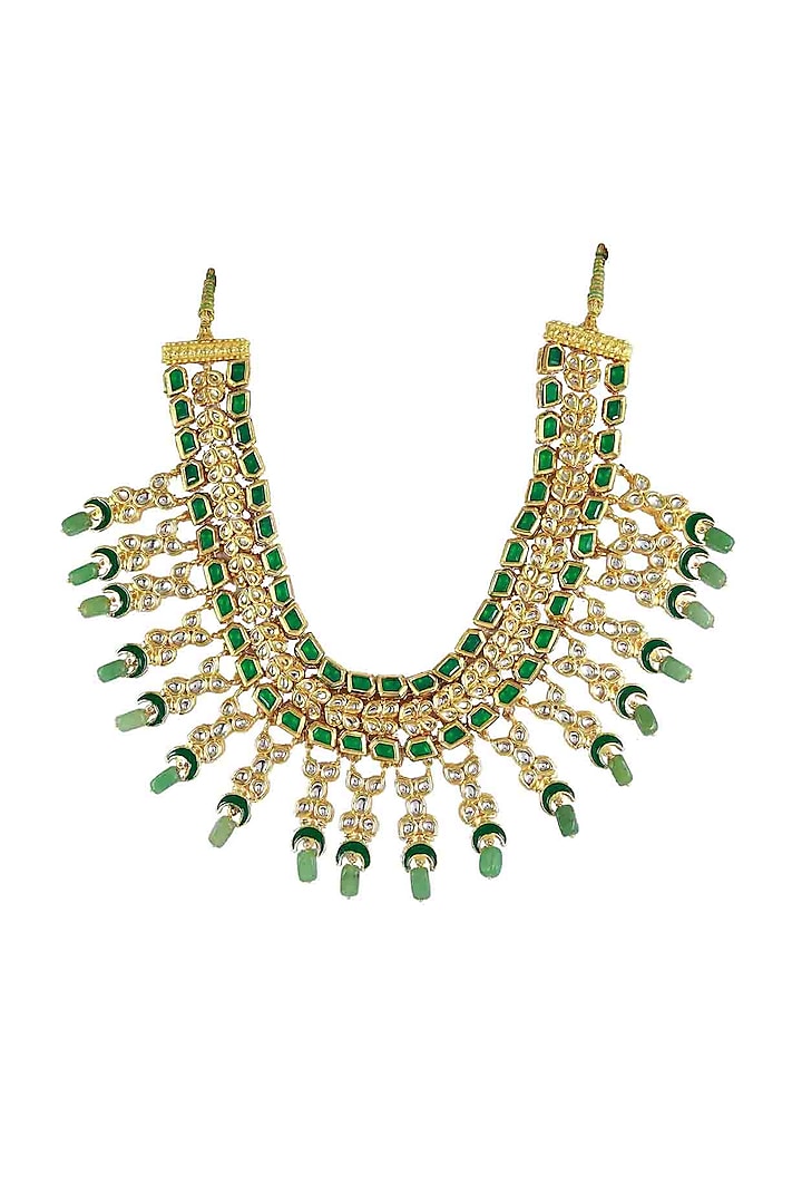 Gold Finish Green Meenakari Jadtar Necklace by Just Jewellery