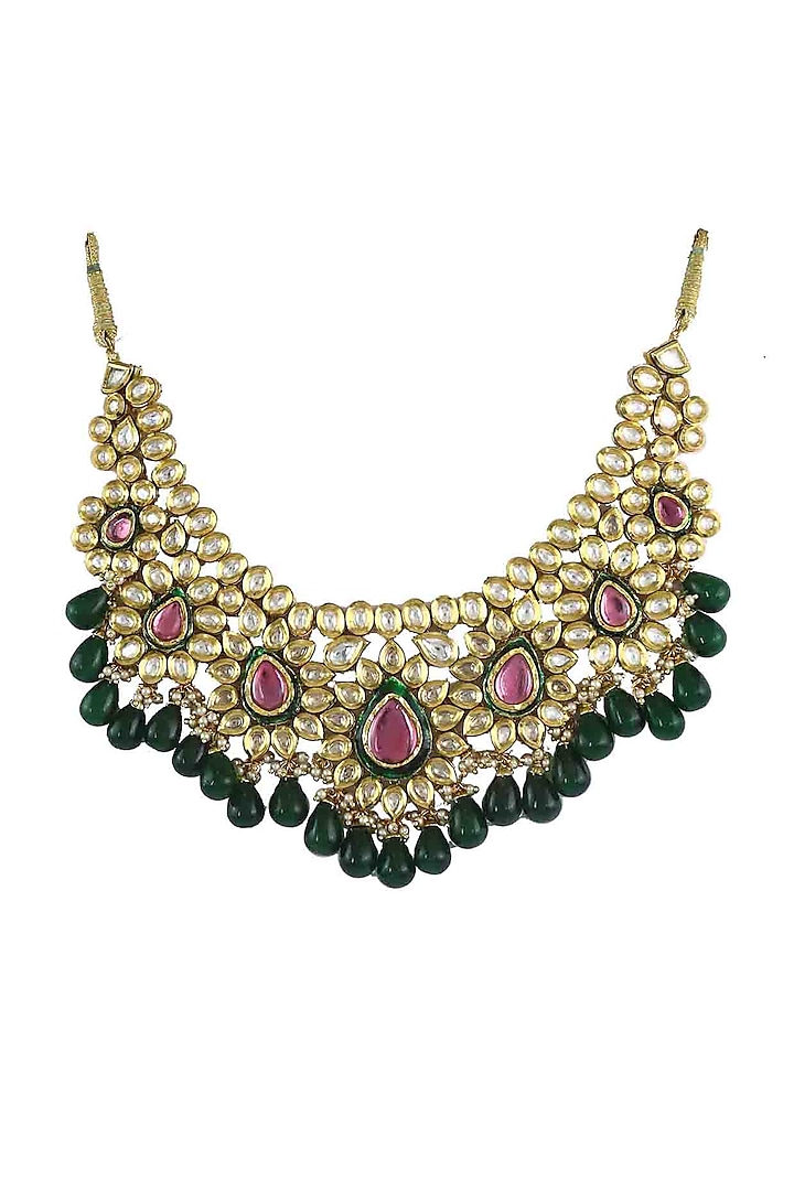 Gold Finish Kundan Polki & Green Drops Jadtar Necklace by Just Jewellery