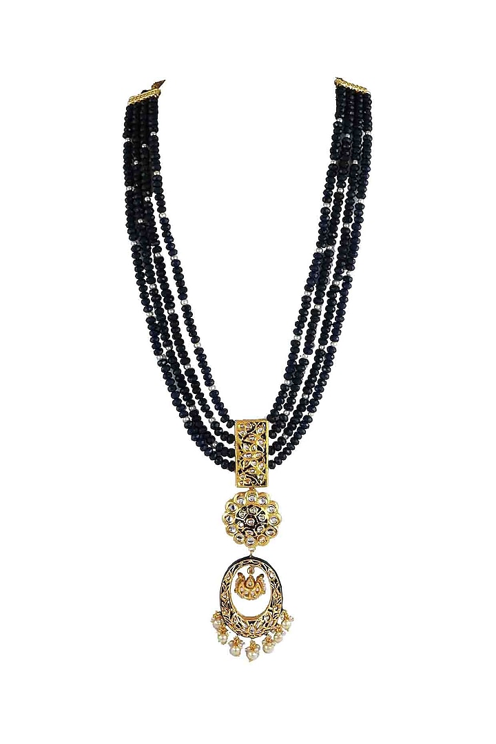 Gold Finish Kundan Polki & Blue Beads Meenakari Jadtar Necklace by Just Jewellery