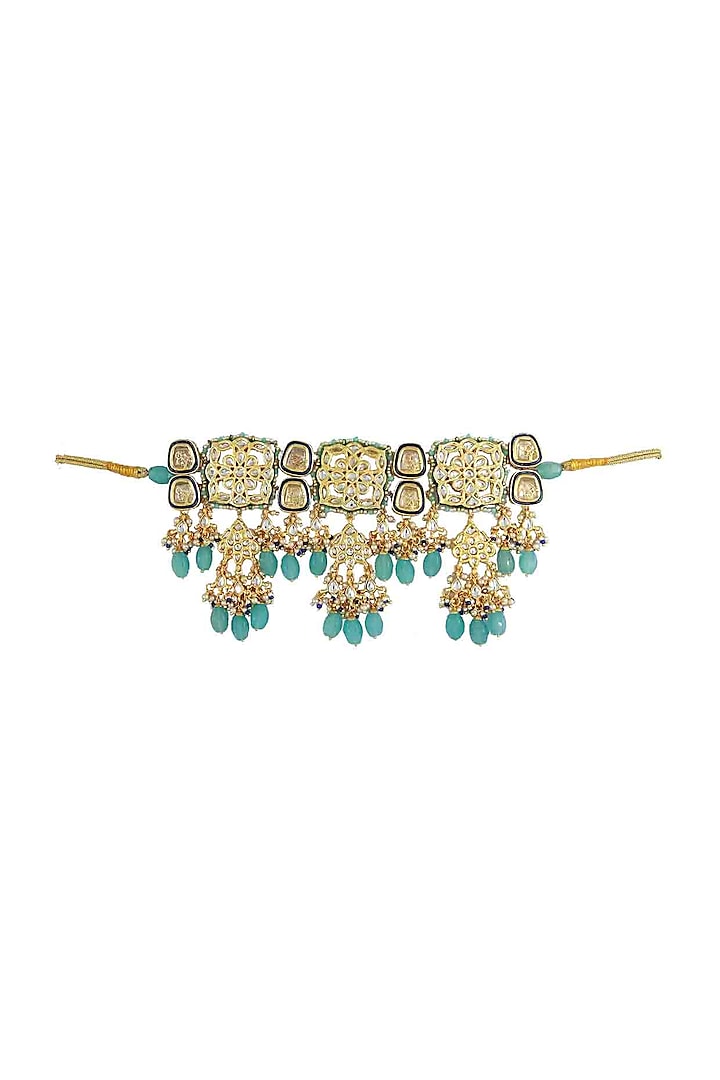 Gold Finish Kundan Polki Jadtar Necklace With Blue Drops by Just Jewellery