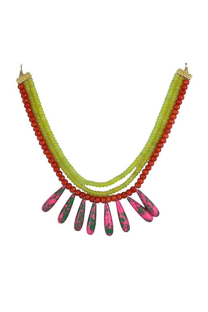 Gold Finish Green & Red Beaded Necklace  by Just Jewellery
