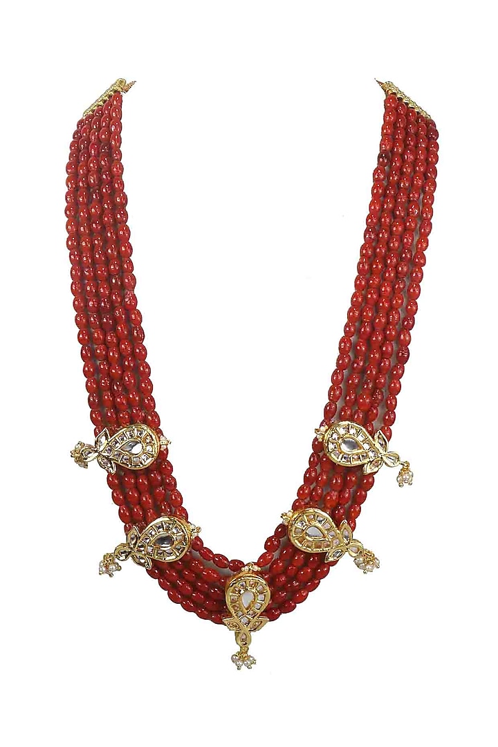 Gold Finish Kundan Polki & Red Beads Jadtar Long Necklace by Just Jewellery