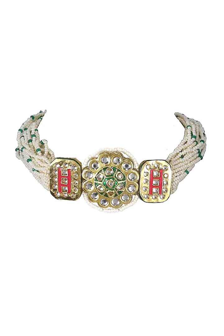Gold Finish Kundan Polki & Pearl Jadtar Choker Necklace by Just Jewellery