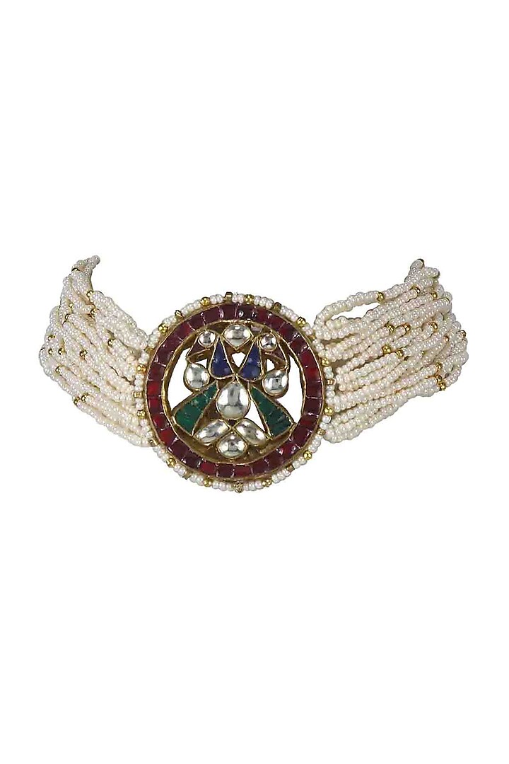 Gold Finish Kundan Polki & Pearl Jadtar Necklace by Just Jewellery