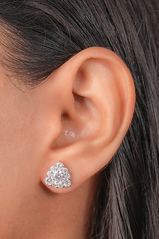 White Finish Zircon Triangle Stud Earrings In Sterling Silver by Johori