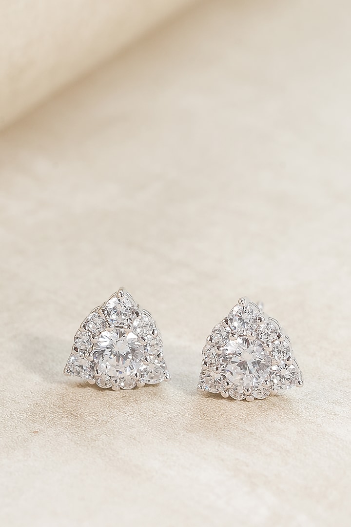 White Finish Zircon Triangle Stud Earrings In Sterling Silver by Johori at Pernia's Pop Up Shop