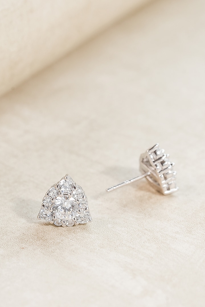 White Finish Zircon Triangle Stud Earrings In Sterling Silver by Johori at Pernia's Pop Up Shop