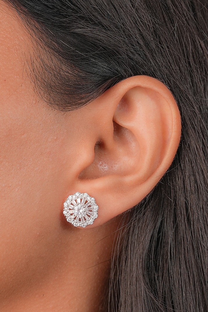 White Finish Zircon Sparkle Stud Earrings In Sterling Silver by Johori at Pernia's Pop Up Shop
