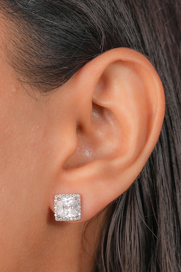 White Finish Zircon Square Stud Earrings In Sterling Silver by Johori at Pernia's Pop Up Shop