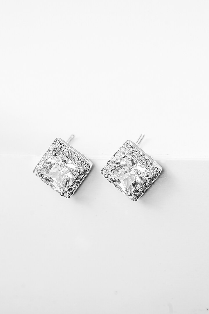 White Finish Zircon Square Stud Earrings In Sterling Silver by Johori at Pernia's Pop Up Shop