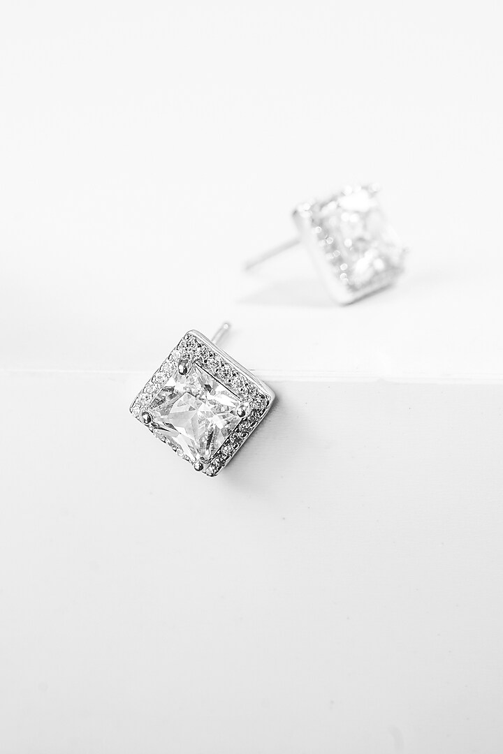 White Finish Zircon Square Stud Earrings In Sterling Silver by Johori at Pernia's Pop Up Shop