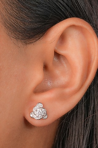 White Finish Zircon Triangle Stud Earrings In Sterling Silver by Johori