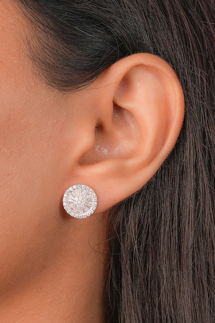 White Finish Zircon Stud Earrings In Sterling Silver by Johori at Pernia's Pop Up Shop