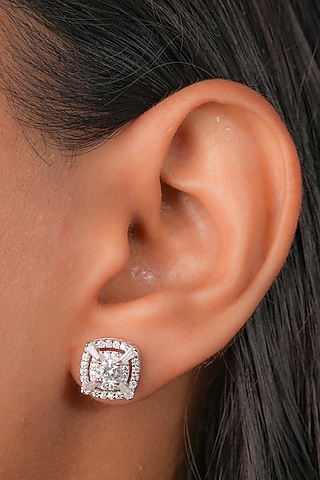 White Finish Zircon Square Stud Earrings In Sterling Silver by Johori