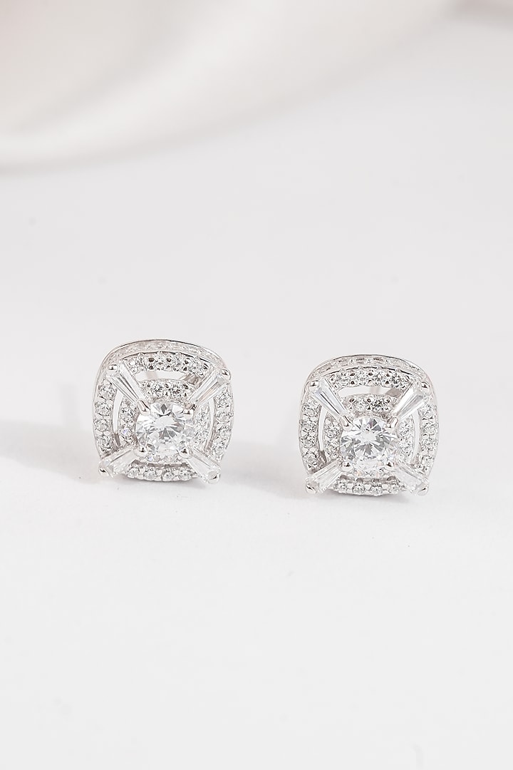 White Finish Zircon Square Stud Earrings In Sterling Silver by Johori at Pernia's Pop Up Shop