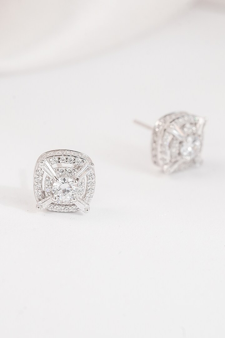 White Finish Zircon Square Stud Earrings In Sterling Silver by Johori at Pernia's Pop Up Shop