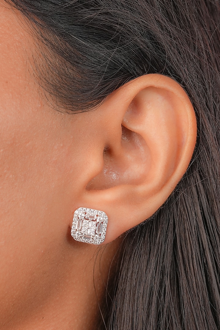 White Finish Zircon Square Stud Earrings In Sterling Silver by Johori at Pernia's Pop Up Shop